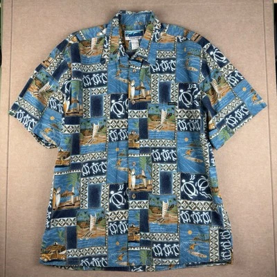 Vintage Hawaiian Shirt XL Blue Surf Hula Turtle Aloha Cotton Made in Hawaii USA - Image 1 of 4