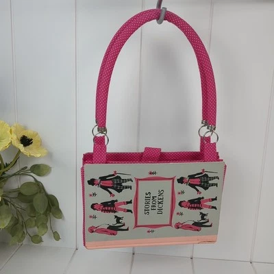 Cartera de libros vintage Historias de Dickens bolsa literaria rosa hecha a mano tela sin asas Foto 1 de 4
