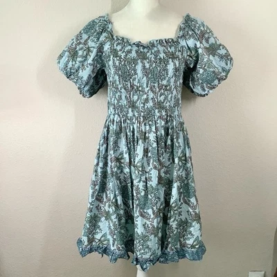 MYRA Smocked Babydoll Dress Floral Milkmaid Puff Sleeves Cottage Festival Blue M - Image 1 of 4
