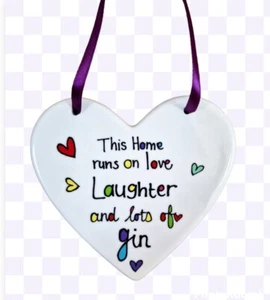 Home Runs On Love Laugher & Lot Gin Ceramic Heart Shaped Hanging Plaque Sign - Picture 1 of 2