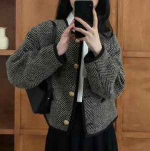 Damenmode Rundhals Wollmischung französischer Stil Blazer Jacke kurzer Mantel DID - Bild 1 von 5