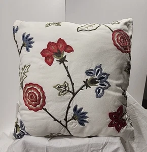 Pottery Barn Pillow 18" x 18" Crewel Embroidered Earth Tones Floral, EUC - Picture 1 of 8