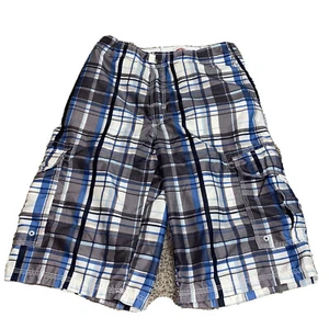 UNION BAY UB white blue plaid cargo longer length shorts teens 16 bermuda board - Picture 1 of 7