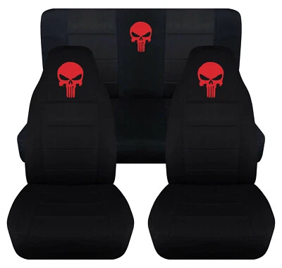 Fundas de asiento de coche delanteras + traseras negras con castigador rojo para Jeep Wrangler YJ / TJ / LJ Foto 1 de 4