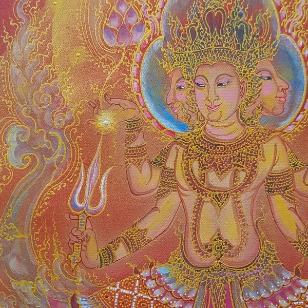 LOrRD BRAHMA Hindu God Acrylic painting Satin blesse Thai amultet Art Decor home