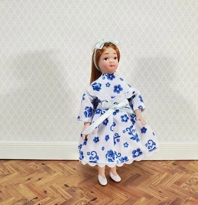 DOLLS HOUSE EMPORIUM Dollhouse Girl Doll Long Hair Porcelain Poseable 1:12 Scale Blue & White Dress