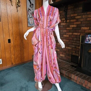Vintage 60s Psychedelic Mod Hippie Genie Harem Pants Hostess Caftan Jumpsuit OS - Picture 1 of 13