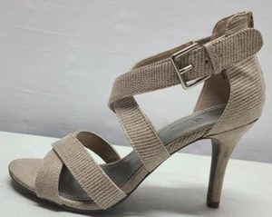 Worthington Womens Size 6.5 Tan Open Toe Strappy Pumps 3" Stiletto Heels Buckle - Picture 1 of 9