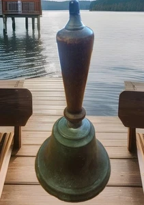 Vintage Antique Large Brass School Bell with Wood Handle 9 1/2" x 5" - Picture 1 of 7
