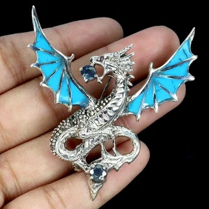 925 Sterling Silver Brooch Round Sapphire Turquoise Marcasite Dragon Gemstone - Picture 1 of 13