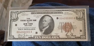 1929 BROWN SEAL FEDERAL RESERVE BANK of NEW YORK TEN DOLLAR $10 DOLLAR BILL (B) - Picture 1 of 2