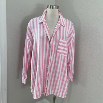 Old Navy Womens Plus XXL Boyfriend Shirt Pink White Striped Linen Blend Blouse - Image 1 of 4