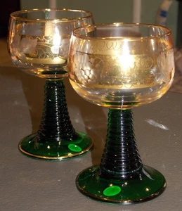 Vtg Crystal Stemware Green Ribbed Stem Metallic Gold Grape Leave Vine Germany Pr - Picture 1 of 6