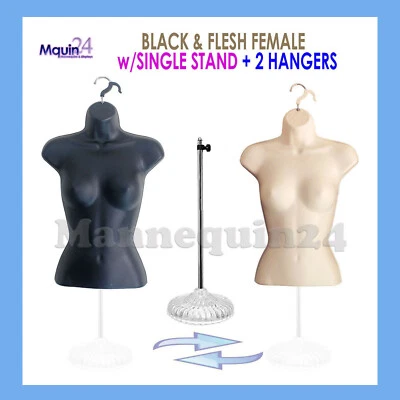 2 FEMALE MANNEQUINS + 1 STAND + 2 HANGERS: FLESH & BLACK WOMEN TORSO DRESS FORMS - Image 1 of 4