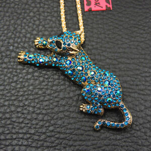 Blue Rhinestone Enamel Lovely Panther Betsey Johnson Pendant Necklace Chain
