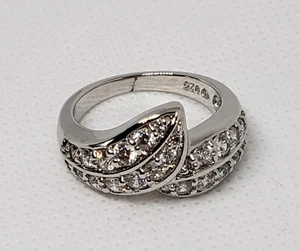 Vintage 925 Sterling Silver 2 Row CZ Leaf Bypass Style Ring - Sz 7 - Picture 1 of 7