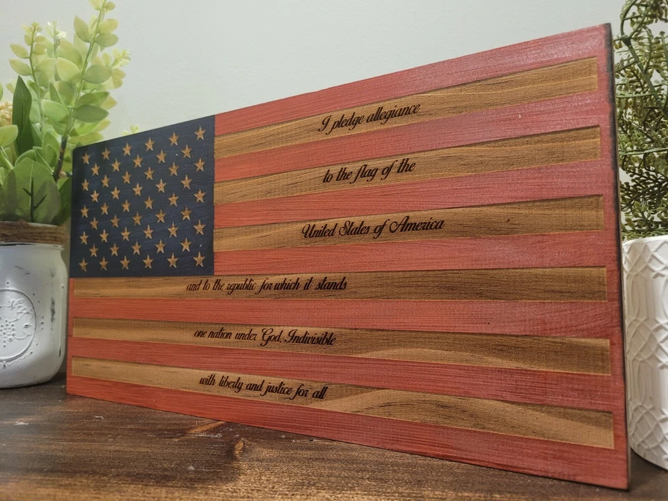 Handmade US Pledge Of Allegiance American Wooden Torched Wood Rustic Flag - Image 1 of 1