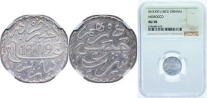 Morocco AH1309 1892 1 Dirham Silver 835 NGC AU 58 - Picture 1 of 1