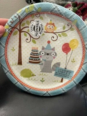 Happy Woodland Boy 9 Inch Paper Plates 8 Pack Owl Raccoon Birthday Tableware New - Image 1 of 2