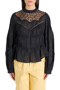 Isabel Marant Women's Black Smocked Embroidered Shirt Blouse Tunic Top S 34 - Picture 1 of 19