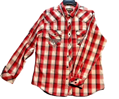 Helix Aztex Shirt Men's Sz L bold Red/black plaid  @ pocket  cotton blend - Image 1 of 4