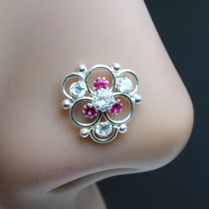925 Sterling Silver Jewelry Twisted Nose Piercing Pink White CZ Clear Stud - Picture 1 of 3