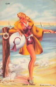 Detente un rato, arriesgada chica pin up mujer sexy, sombrero de playa veleros, postal de colección - Imagen 1 de 2