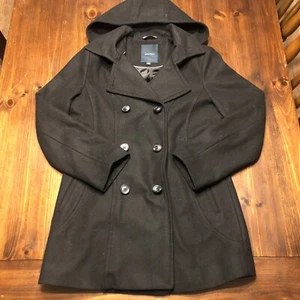 Nautica Jeans Company Women's Detachable Hood Black Wool Blend Pea Coat Sz L - Picture 1 of 5
