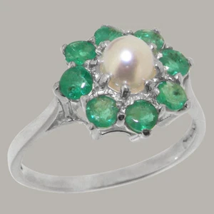 Solid 10k White Gold Pearl & Emerald Womens Cluster Ring - Sizes 4 to 12 - Picture 1 of 5