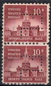 Perfins USA 1954, Sc1044 2x 10c Independence Hall. Used FL - Picture 1 of 3