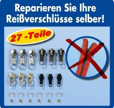 27 tlg. Reißverschluss Reparatur Set inkl. Greifringe Zipper Schieber Metall NEU - Bild 1 von 4