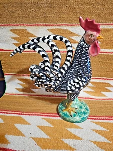 OLD Lg 13" Italian Ceramic BLACK & WHITE Rooster Hand Painted Majolica Statue - Picture 1 of 18