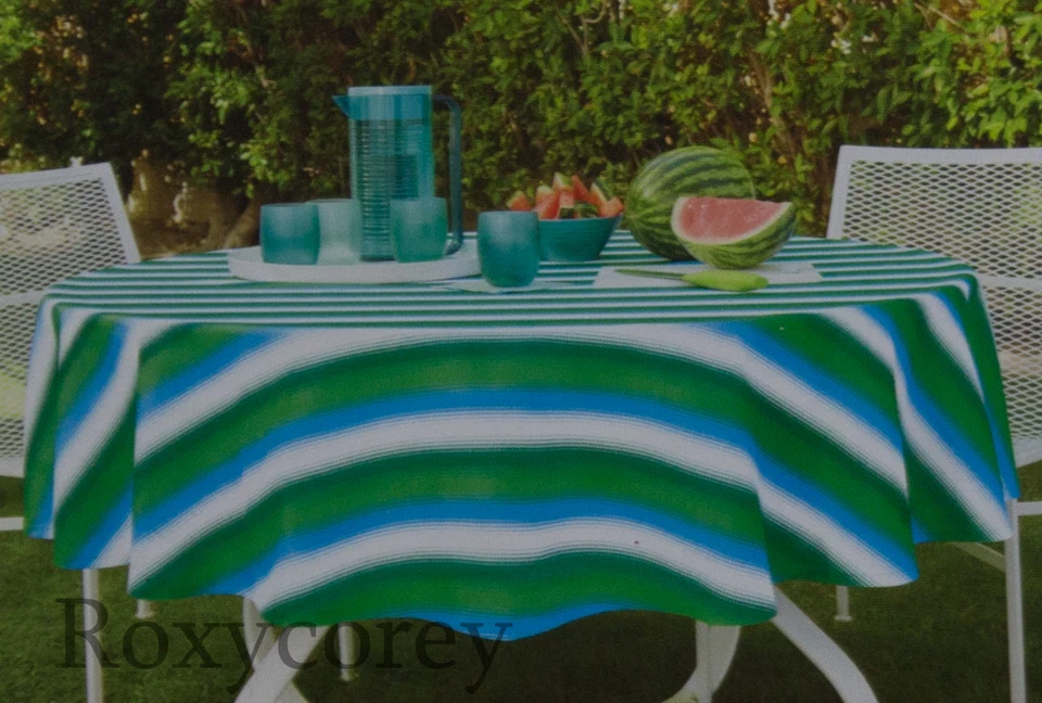 Green Blue White Striped Fabric 70 in Round Tablecloth NWT - Image 1 of 2