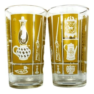 Coppia Bicchieri Vintage Libbey Vetro Senape Oro Coloniale Americana Old Time Country - Foto 1 di 12