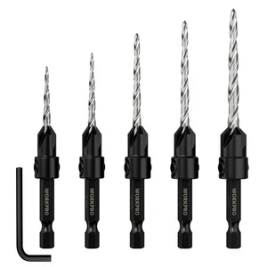 WORKPRO 5PC HSS Countersink Drill Bit M2 4Flute Woodworking Pilot Screw Hole Set - Picture 1 of 8