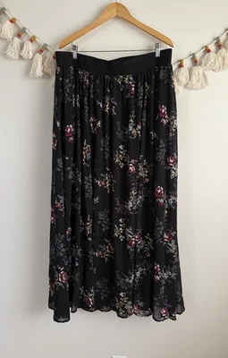 Maxi Falda Tórrida Negra Floral de Gasa Vacaciones Rosa Hada Romántica Nueva con Etiquetas Foto 1 de 4