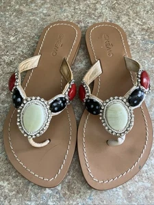 Skemo Boheme Sandals Flip Flops Size 7~ Beads & Rhinestones ~ Red, White, Blue - Picture 1 of 11