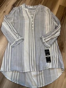 Camicia camicia top tunica blusa donna Rebecca Malone grande L blu a righe nuova con etichette $40 nuova con etichette - Foto 1 di 7