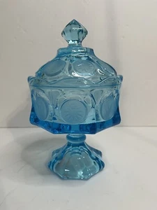 Vintage Fostoria Coin Ice Blue Glass Crystal Pedestal Compote Candy Dish w/Lid - Picture 1 of 7