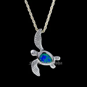 Hawaiian Jewelry Rhodium 925 Sterling Silver Sea Turtle Honu Opal Charm Pendant - Picture 1 of 7
