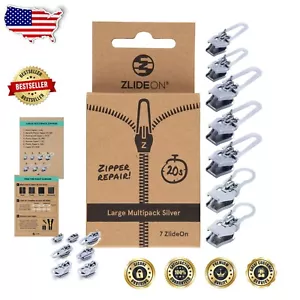 Versatile Zipper Repair Sliders - Fits All Sizes, Includes 7 Large Silver Pulls - Picture 1 of 10