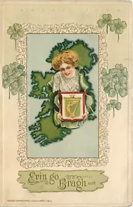 Winsch Schmucker St. Patrick's Day Postcard c1913 Lady & Ireland Map, Shamrocks - Picture 1 of 2