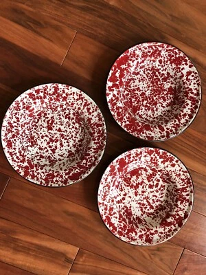 "3 cuencos vintage de 8"" esmaltados con salpicaduras rojas" Foto 1 de 4