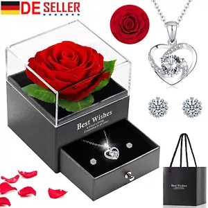 Ewige Echte Rose mit Herz Halskette und Ohrringe Schmuck Geschenkbox Rosenbox - Bild 1 von 12