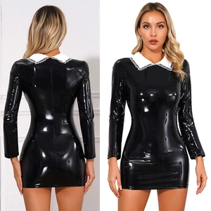 Women's Halloween Cosplay Costume Leather Bodycon Mini Dress Satin Collar Dress - Picture 1 of 28