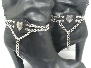 Boot Straps Praying Black Leather Biker Western Chain Buckle Women's New PAIR - Picture 1 of 7