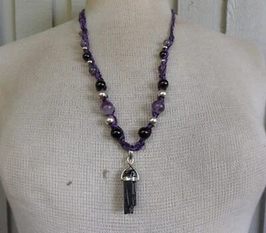Raw Black Tourmaline Stone Point Adjustable Hemp Necklace w/ Amethyst Onyx Beads - Picture 1 of 8