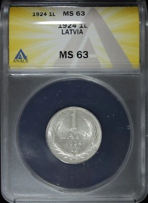 Latvia Silver 1924 1 Lats ANACS MS63 KM# 7 (2330298) - Image 1 of 4