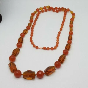 LONG ANTIQUE ART DECO FACETED AMBER GLASS & ARGATE STONES BEADS NECKLACE 37 " - Picture 1 of 6