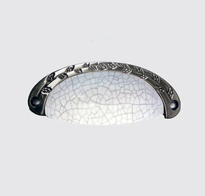 Packs Of Pewter Cupboard Door Cup Pull Handle Grey Crackle Glaze Porcelain  - Picture 1 of 1